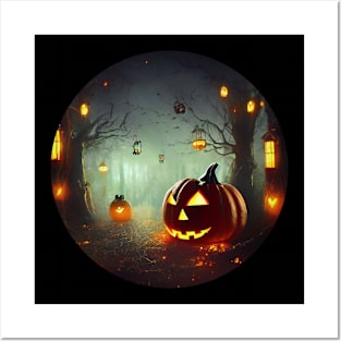 Scary pumpkin in the night foggy forest Posters and Art